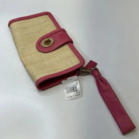 Coach Park Straw Clutch Handbag Small Purse Leather Metal Gold Tan Pink New NWT - Picture 2 of 13
